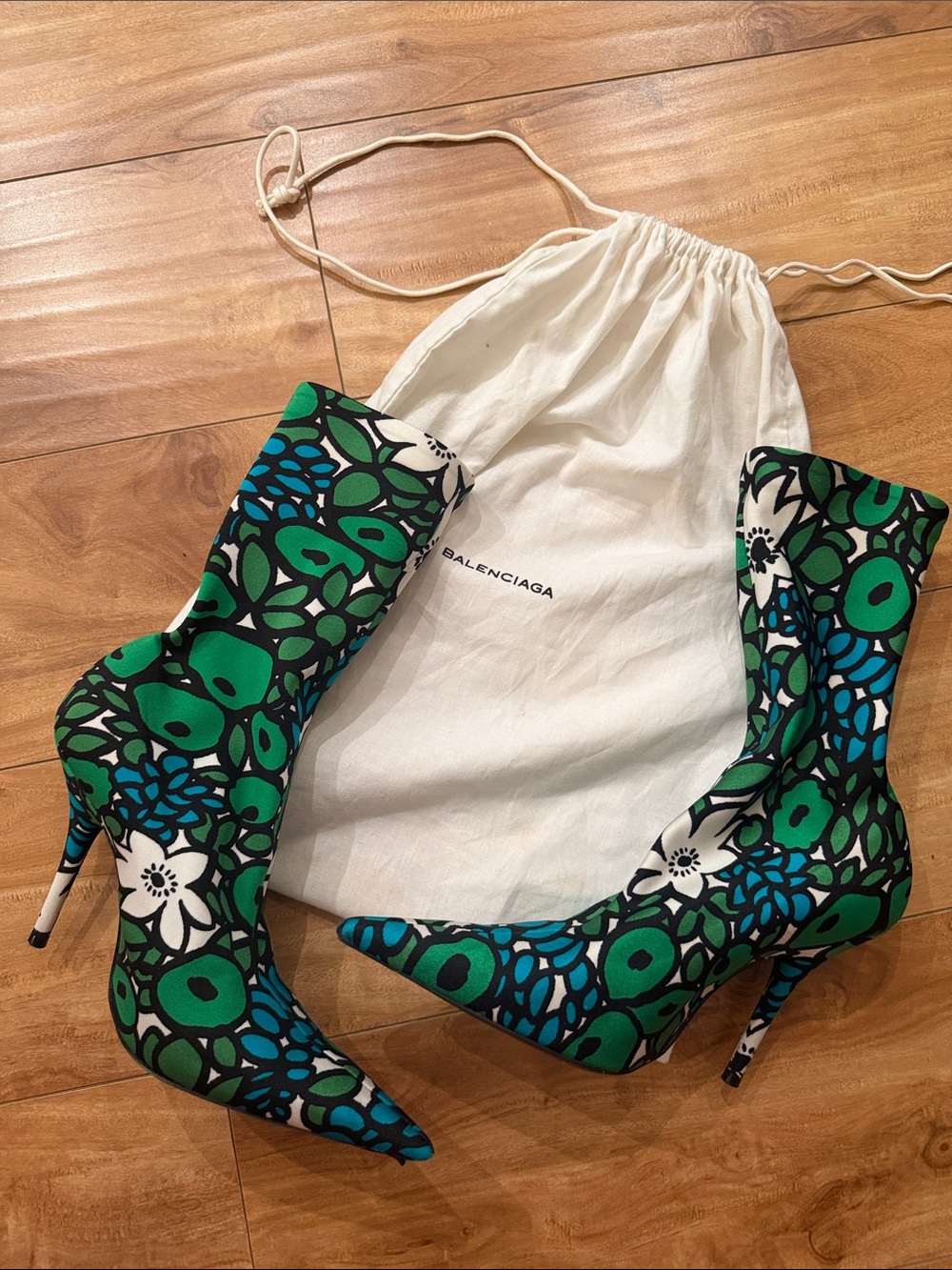 Balenciaga Green & Blue Floral Pointed  Sock Boots